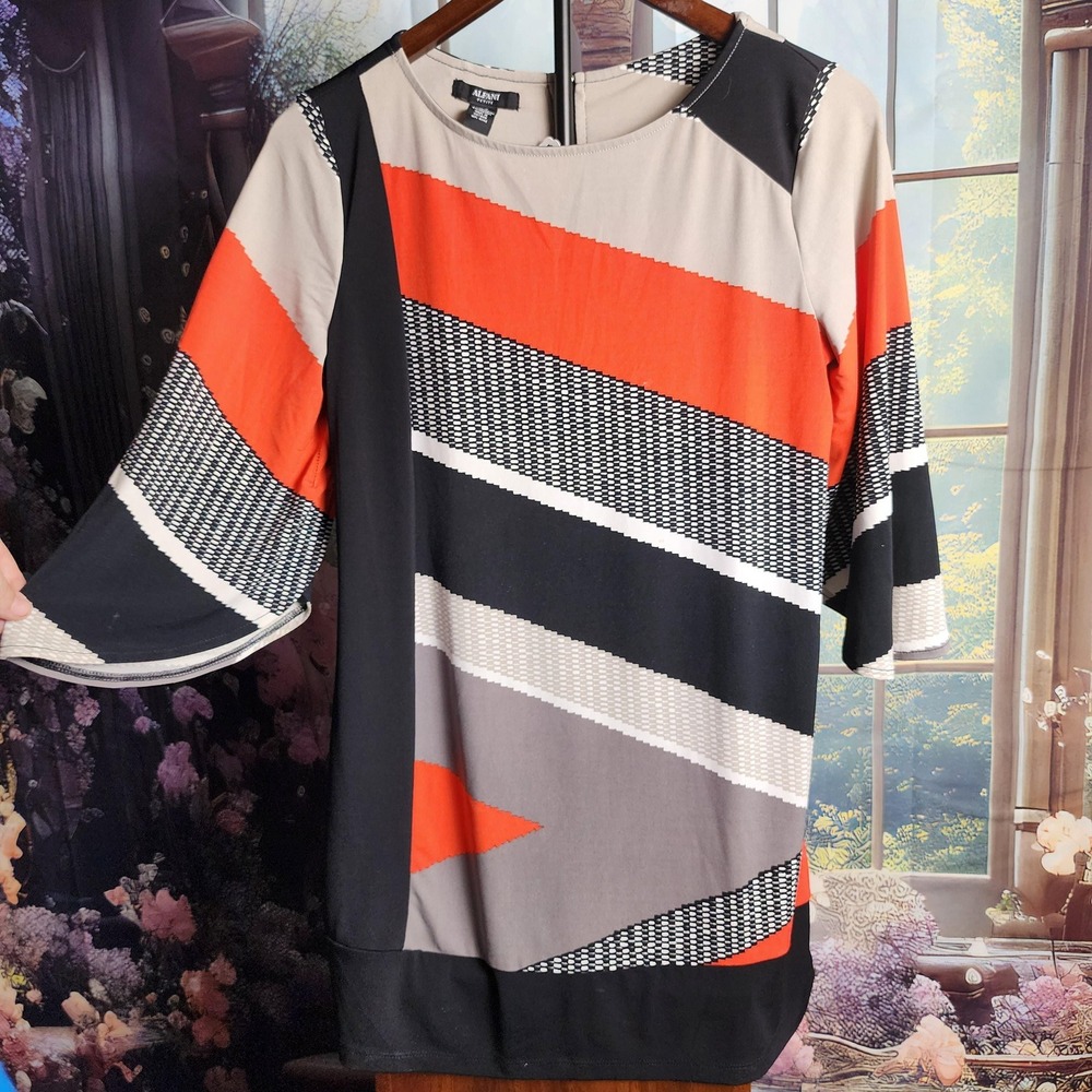 Alfani Petite Small Red Black White Diagonal Stripe 3/4 Sleeve Blouse Top